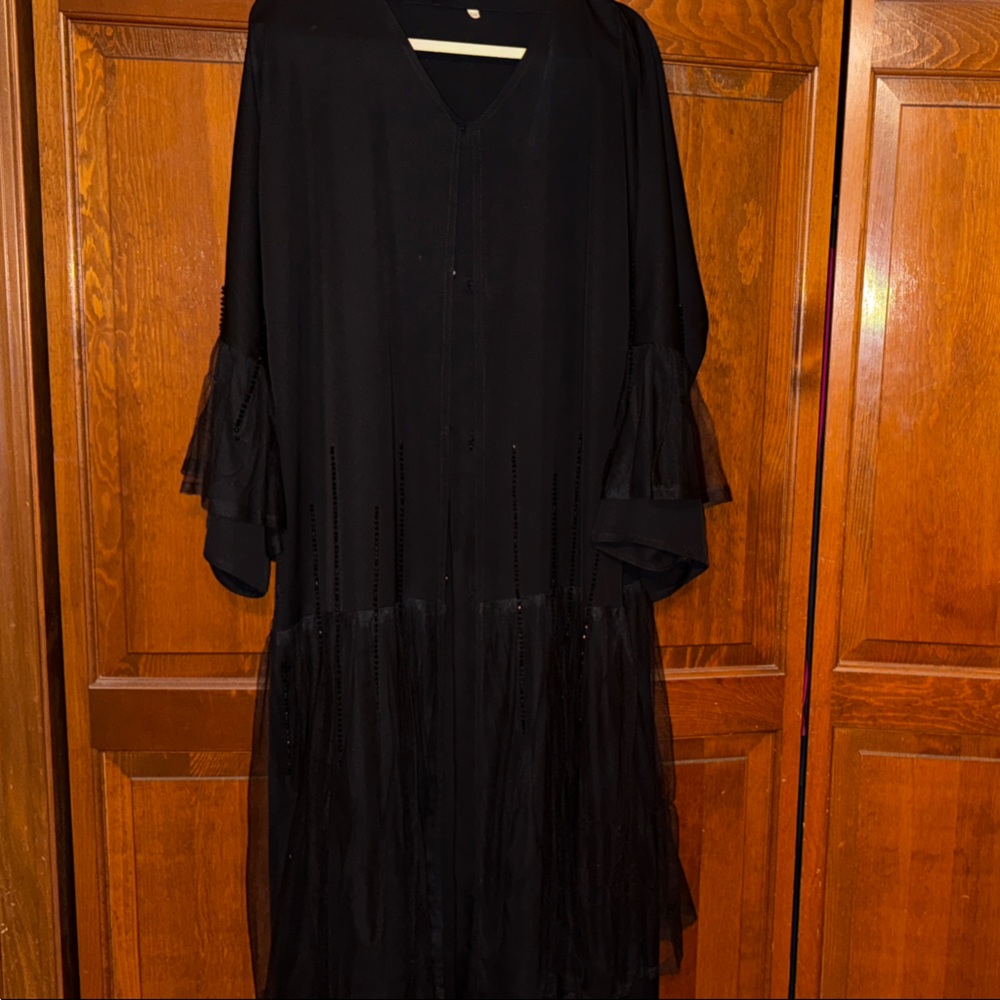 Elegant Black Abaya with Beaded Details & Ruffle Sleeves